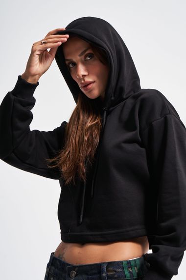 Kadın Siyah Renk Kapüşonlu Sweatshirt - fotoğraf 4