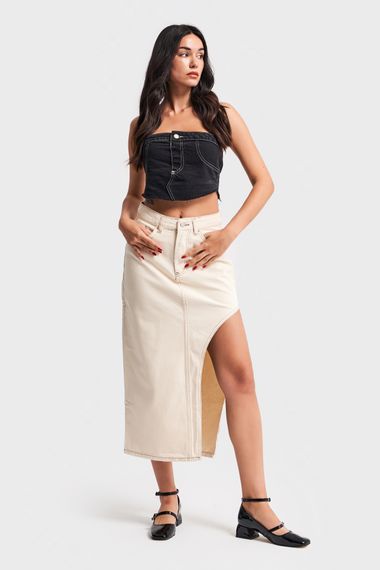 Women's Raw Organic Color Deep Slit Detail Long Denim Skirt - photo 1
