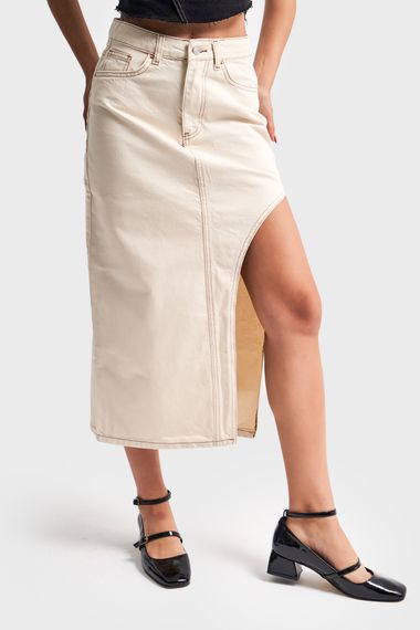 Women's Raw Organic Color Deep Slit Detail Long Denim Skirt - photo 3