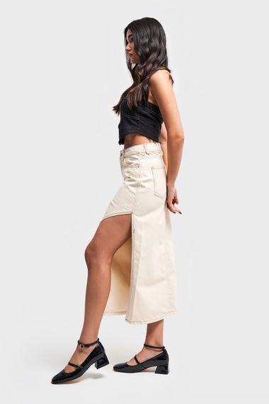 Women's Raw Organic Color Deep Slit Detail Long Denim Skirt - photo 5