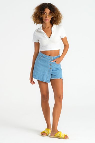 Женская джинсовая юбка светло-голубого цвета с пуговицами спереди, 100% хлопок, стандартная длина для всех размеров - фото 2