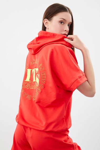 Women's Coral Color Printed Hooded Zipper Half Sleeve Sweatshirt - photo 2