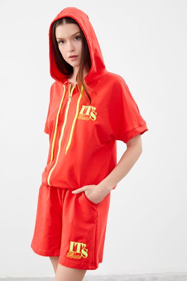 Women's Coral Color Printed Hooded Zipper Half Sleeve Sweatshirt - photo 5