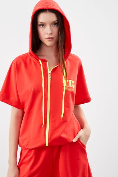 Women's Coral Color Printed Hooded Zipper Half Sleeve Sweatshirt - photo 3