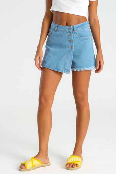 Женская джинсовая юбка светло-голубого цвета с пуговицами спереди, 100% хлопок, стандартная длина для всех размеров - фото 5