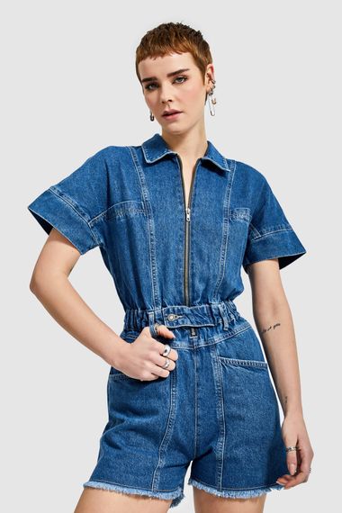 Kadın Kot Mavi Renk Beli Lastikli %100 Koton Denim Şort Tulum - fotoğraf 1