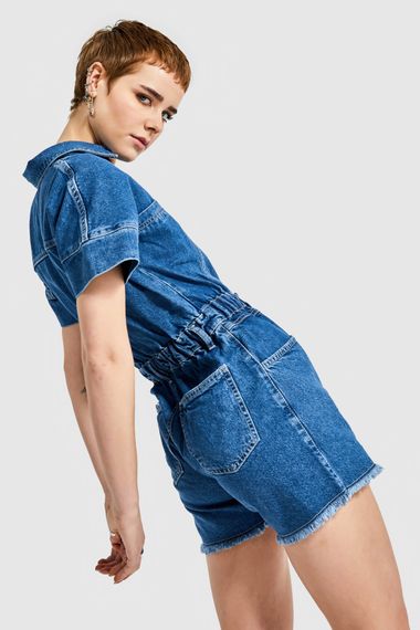 Kadın Kot Mavi Renk Beli Lastikli %100 Koton Denim Şort Tulum - fotoğraf 4