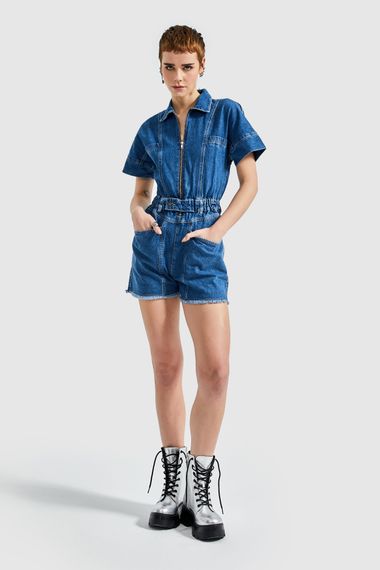 Kadın Kot Mavi Renk Beli Lastikli %100 Koton Denim Şort Tulum - fotoğraf 2