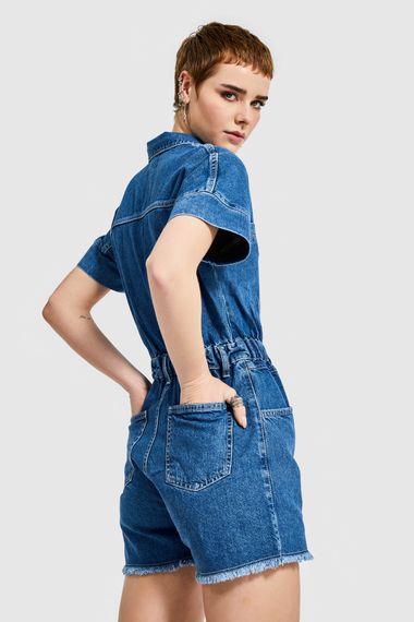 Kadın Kot Mavi Renk Beli Lastikli %100 Koton Denim Şort Tulum - fotoğraf 5