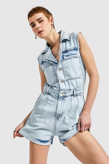 Kadın Snow Kot Rengi Önden Düğmeli Bol Kesim Denim Şort Tulum - fotoğraf 1