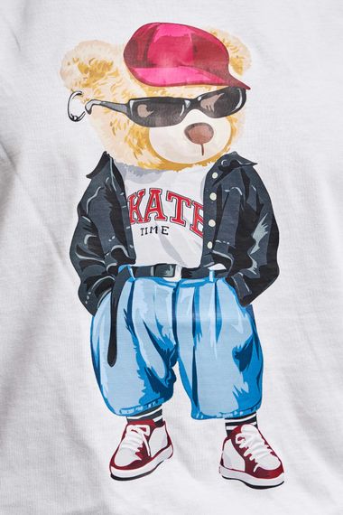 Kadın Beyaz Renk Ayıcık Baskılı Sıfır Kol Oversize T-shirt - photo 3