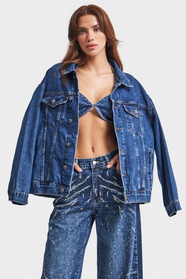 Kadın Mavi Renk Oversize %100 Koton Denim Ceket - fotoğraf 1