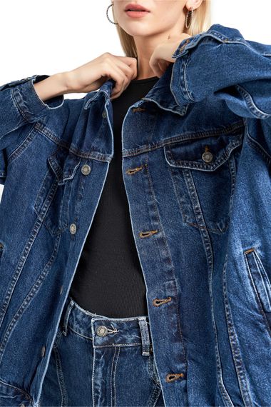 Kadın Mavi Renk Oversize %100 Koton Denim Ceket - fotoğraf 2
