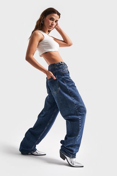 Жіночі джинси супер довгого вільного крою з регульованим поясом синього кольору - фото 2