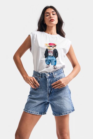 Kadın Mavi Renk Mom Fit Midi Boy Denim Şort - fotoğraf 1