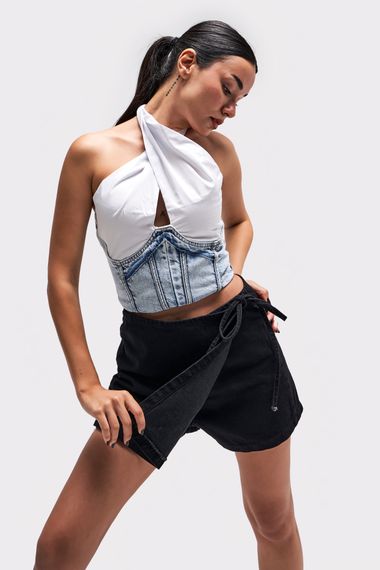 Kadın Taşlanmış Siyah Renk Belden Bağcıklı Denim Şort Etek - photo 2