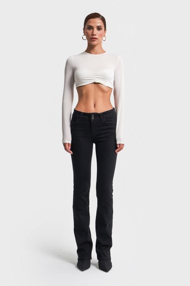 Чорні жіночі джинси bootcut з середньою талією, рельєфні, 100% бавовна, стандартна довжина для всіх розмірів - фото 2