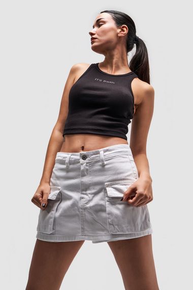 Kadın Optik Beyaz Renk Kargo Cepli Mini Denim Şort Etek - fotoğraf 1