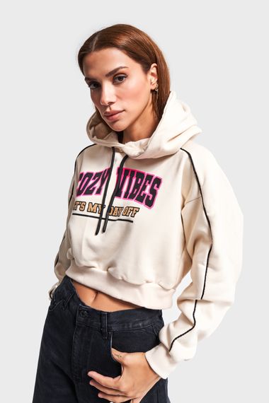Kadın Bej Renk Baskılı Oversize Kapüşanlı Sweatshirt - fotoğraf 2