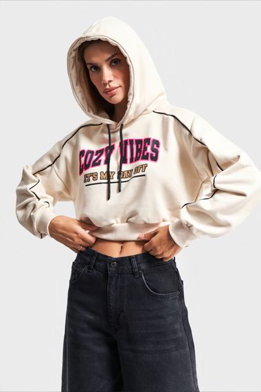 Kadın Bej Renk Baskılı Oversize Kapüşanlı Sweatshirt - fotoğraf 5