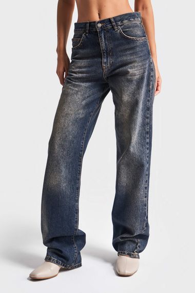 Kadın Koyu Tint Rengi Loose Fit %100 Koton Ortabel Denim - photo 1