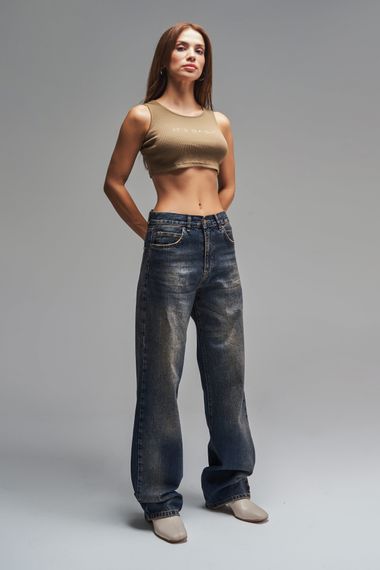 Kadın Koyu Tint Rengi Loose Fit %100 Koton Ortabel Denim - photo 2