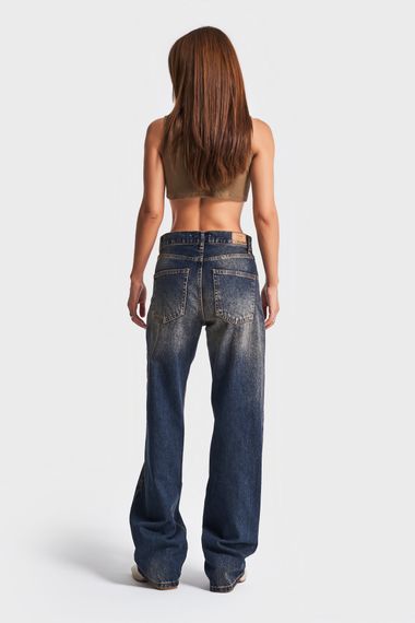 Kadın Koyu Tint Rengi Loose Fit %100 Koton Ortabel Denim - photo 3