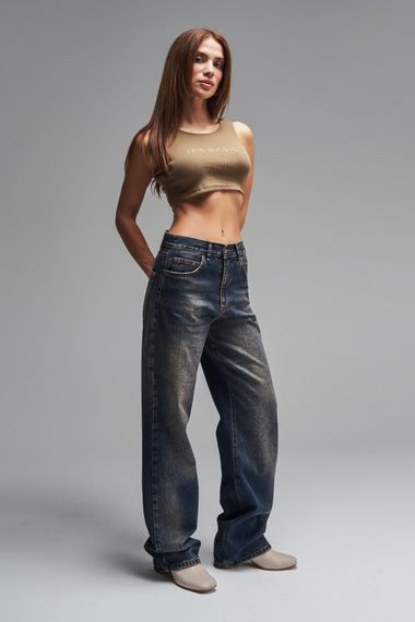 Kadın Koyu Tint Rengi Loose Fit %100 Koton Ortabel Denim - photo 5