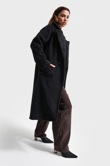 Kadın Antrasit Siyah Renk Uzun Oversize Kaşe Kaban - fotoğraf 2