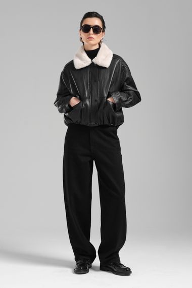 Kadın Siyah Renk Oversize Peluş Yaka Suni Deri Ceket Mont - صورة 2