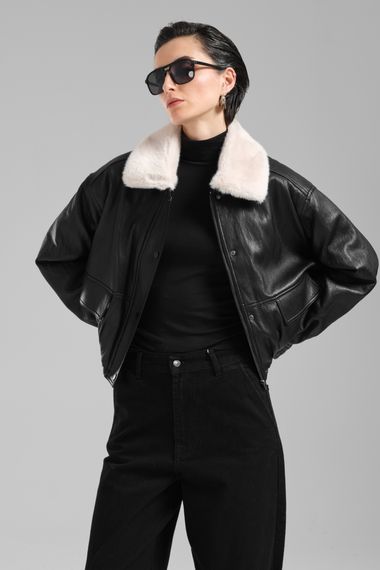 Kadın Siyah Renk Oversize Peluş Yaka Suni Deri Ceket Mont - صورة 4