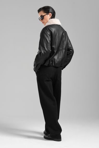 Kadın Siyah Renk Oversize Peluş Yaka Suni Deri Ceket Mont - صورة 5