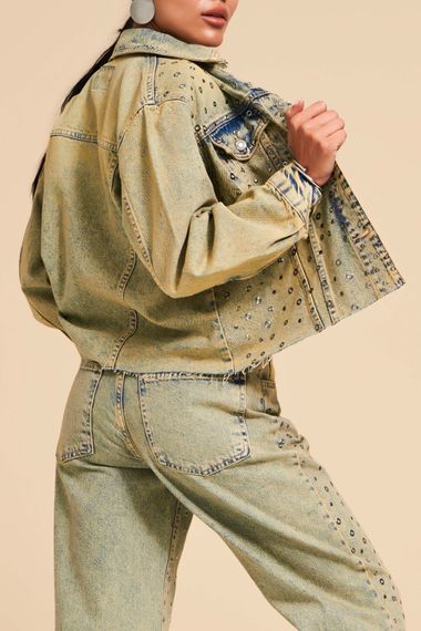 Kadın Tint Kot Rengi Kuş Gözü Detaylı Oversize Tasarım Ceket - fotoğraf 3