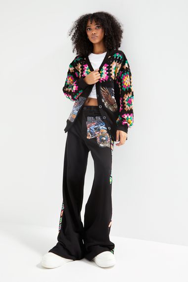 Kadın Siyah Renk Etnik Desen Baskılı Oversize Tasarım Hırka - photo 5