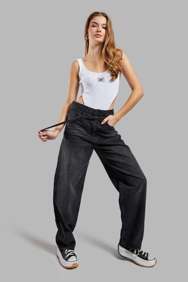 Kadın Koyu Füme Renk 2w41 Taılored Fit Kemerli %100 Koton Denim - photo 1