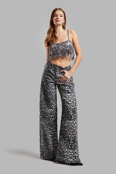 Жіночі джинсові брюки палаццо середньої посадки в чорному-білому леопардовому забарвленні, 100% бавовна, стандартна довжина для всіх розмірів - фото 2