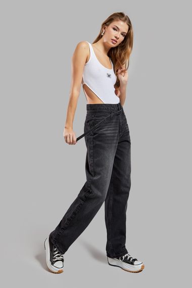 Kadın Koyu Füme Renk 2w41 Taılored Fit Kemerli %100 Koton Denim - photo 5