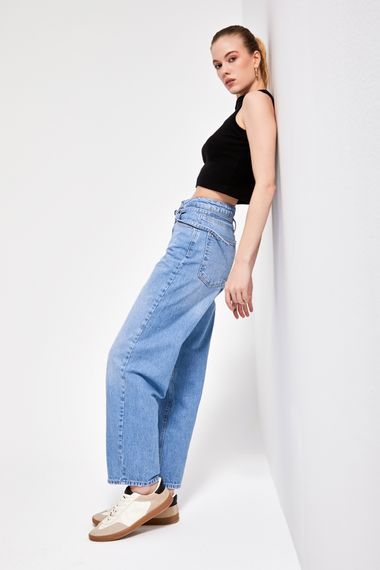 Kadın Mavi Renk 2S54 Taılored Fit Kemerli %100 Koton Denim - photo 5