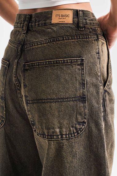 Kadın Haki Kot Rengi 4S5-86 Skater Fit Bol Kesim %100 Koton Orta Bel Denim Jean - fotoğraf 2