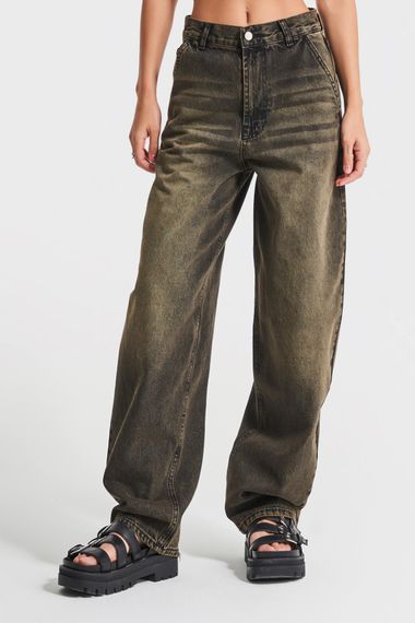 Kadın Haki Kot Rengi 4S5-86 Skater Fit Bol Kesim %100 Koton Orta Bel Denim Jean - fotoğraf 1