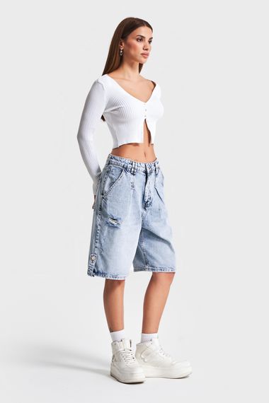 Kadın Snow Kot Rengi 12S5-3 Diz Boyu %100 Koton Bol Kesim Denim Şort - фото 4