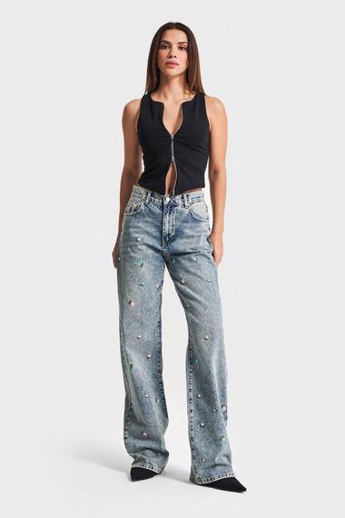 Женские джинсы «Loose Fit» средней посадки с цветочной вышивкой, 100% хлопок, цвет: джинсовый, размеры: 34-42 - фото 2