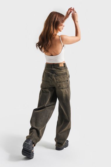 Kadın Haki Kot Rengi 4S5-86 Skater Fit Bol Kesim %100 Koton Orta Bel Denim Jean - fotoğraf 5