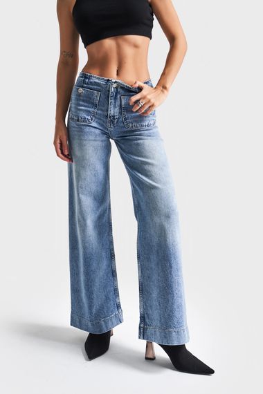 Kadın Mavi Renk 4S5-67 Önden Cepli Orta Bel Bol Paça Denim Jean - photo 2