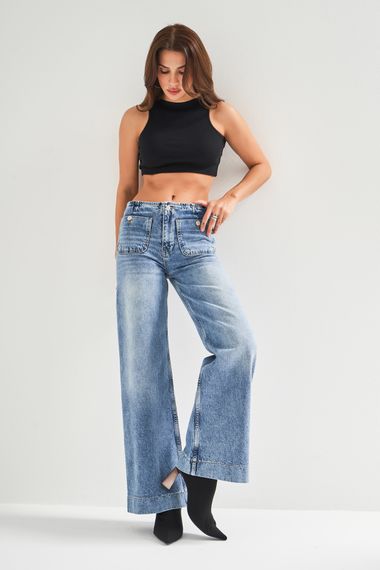 Kadın Mavi Renk 4S5-67 Önden Cepli Orta Bel Bol Paça Denim Jean - photo 1