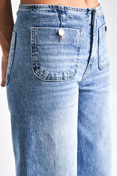 Kadın Mavi Renk 4S5-67 Önden Cepli Orta Bel Bol Paça Denim Jean - photo 3