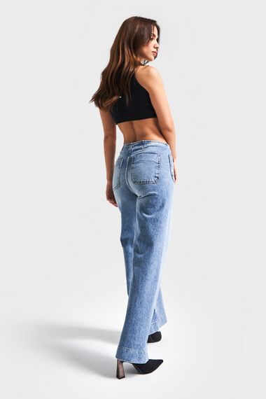 Kadın Mavi Renk 4S5-67 Önden Cepli Orta Bel Bol Paça Denim Jean - photo 4