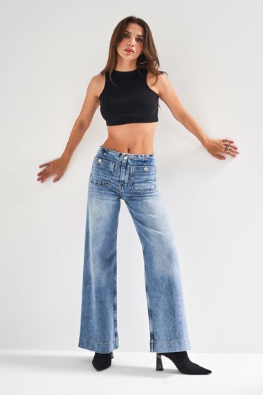 Kadın Mavi Renk 4S5-67 Önden Cepli Orta Bel Bol Paça Denim Jean - photo 5