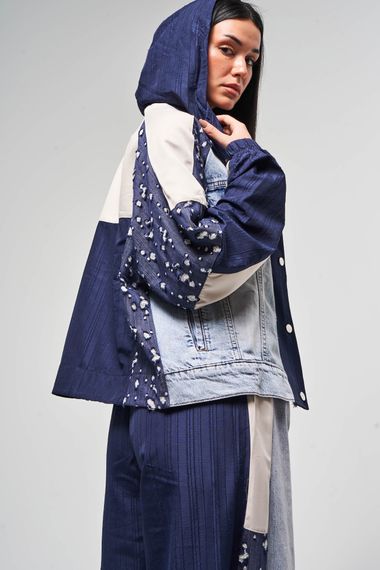 Kadın Kot Rengi Kumaş Denim Karışımlı  Kapüşonlu Oversize Tasarım Ceket - photo 2