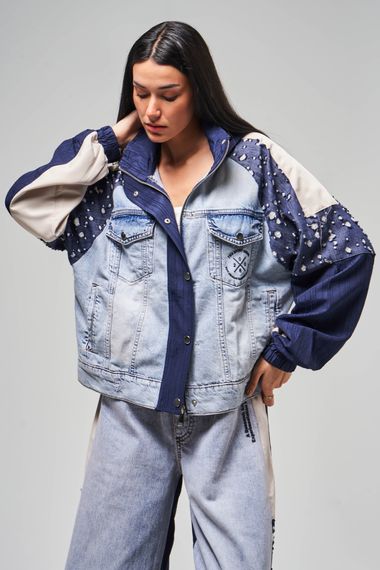 Kadın Kot Rengi Kumaş Denim Karışımlı  Kapüşonlu Oversize Tasarım Ceket - photo 1